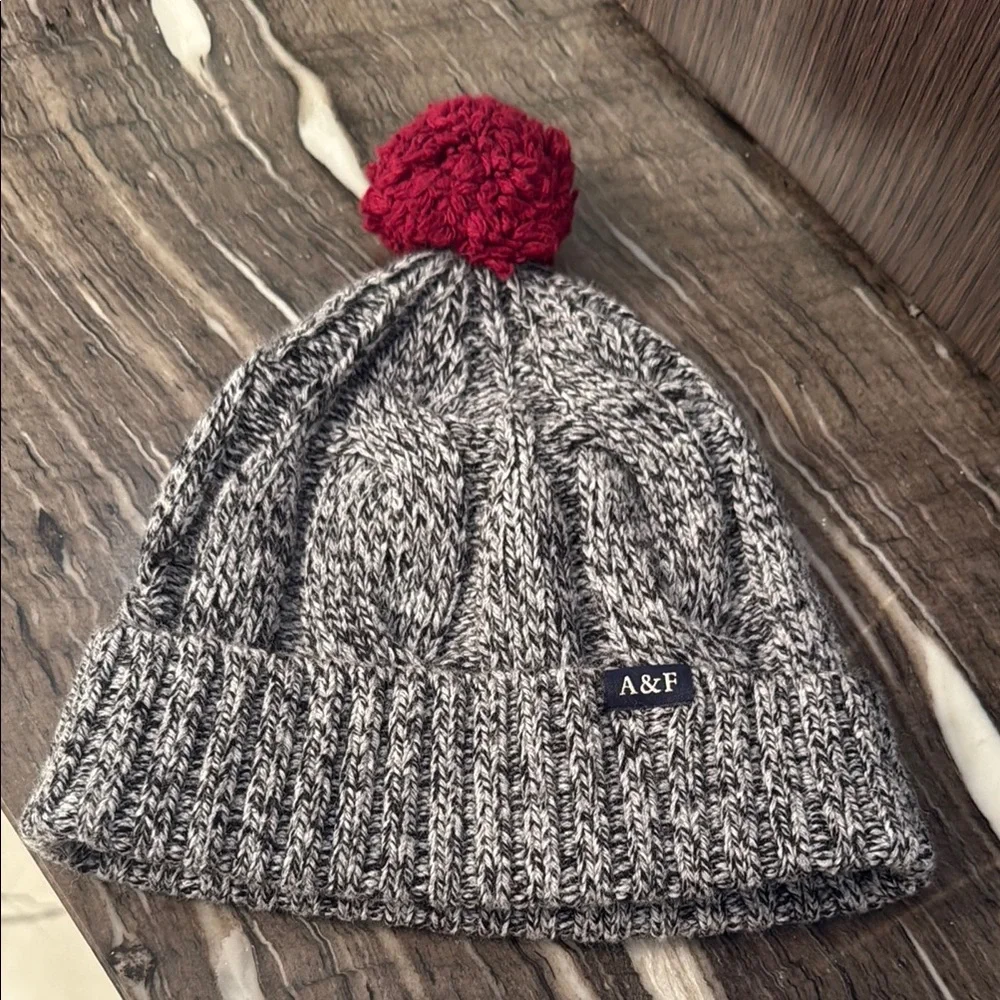 Abercrombie & Fitch Gray and Red Ribbed Knit Beanie